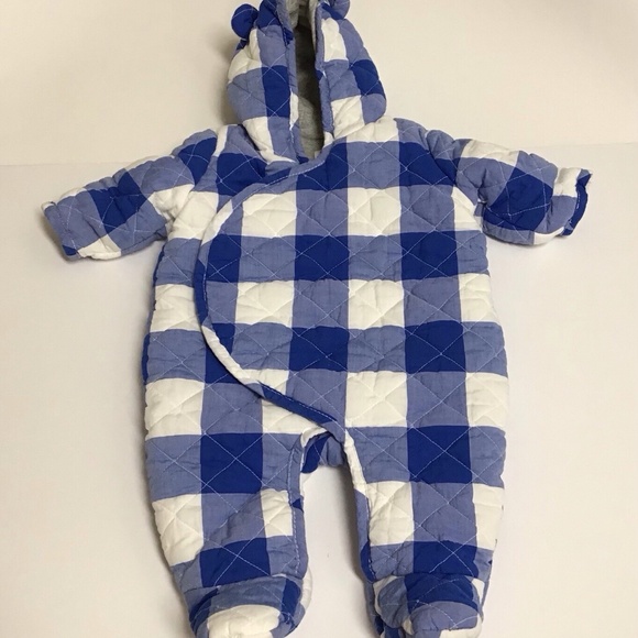 Gap Quilted Baby Bunting SZ 0-3 mo. Cozy Bear Ears Royal Blue Buffalo Check Snap - Picture 1 of 2